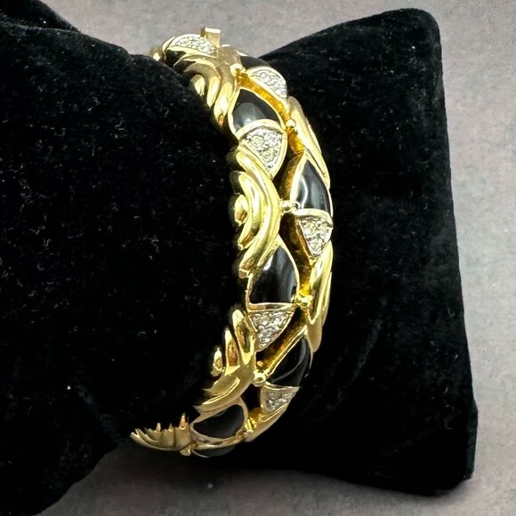 Vintage Saks Fifth Avenue Gold-Tone and Black Enamel and Quartz Bracelet - Picture 1 of 12